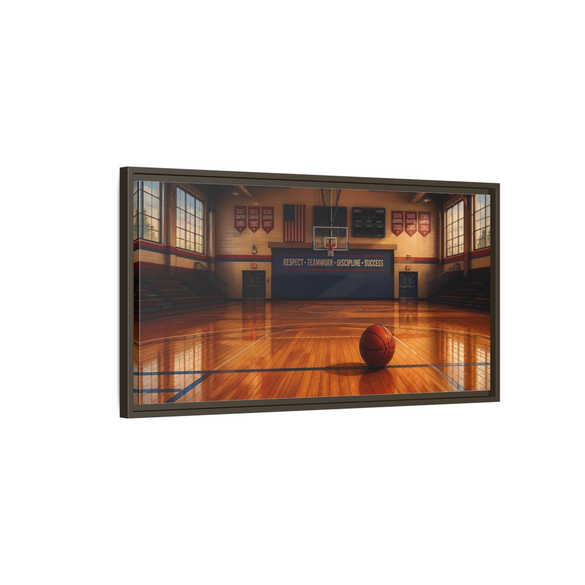 Main Mockup. Solitary Basketball In Gym shown as framed canvas print