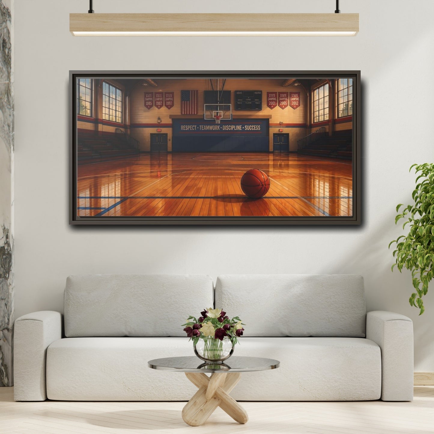 Mockup 2. Solitary Basketball In Gym shown as framed canvas print