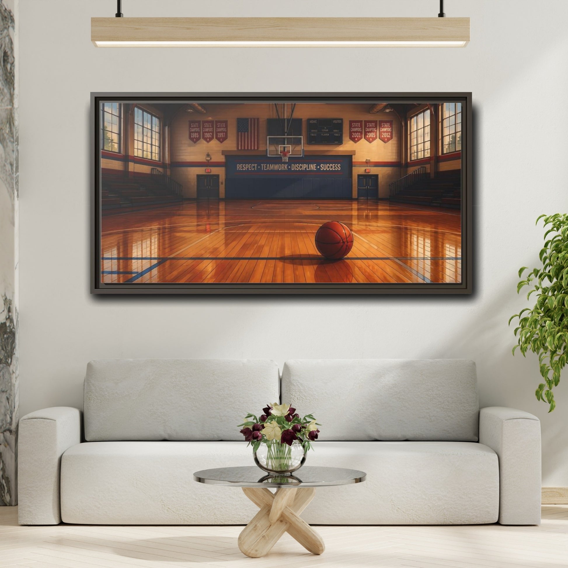 Mockup 2. Solitary Basketball In Gym shown as framed canvas print