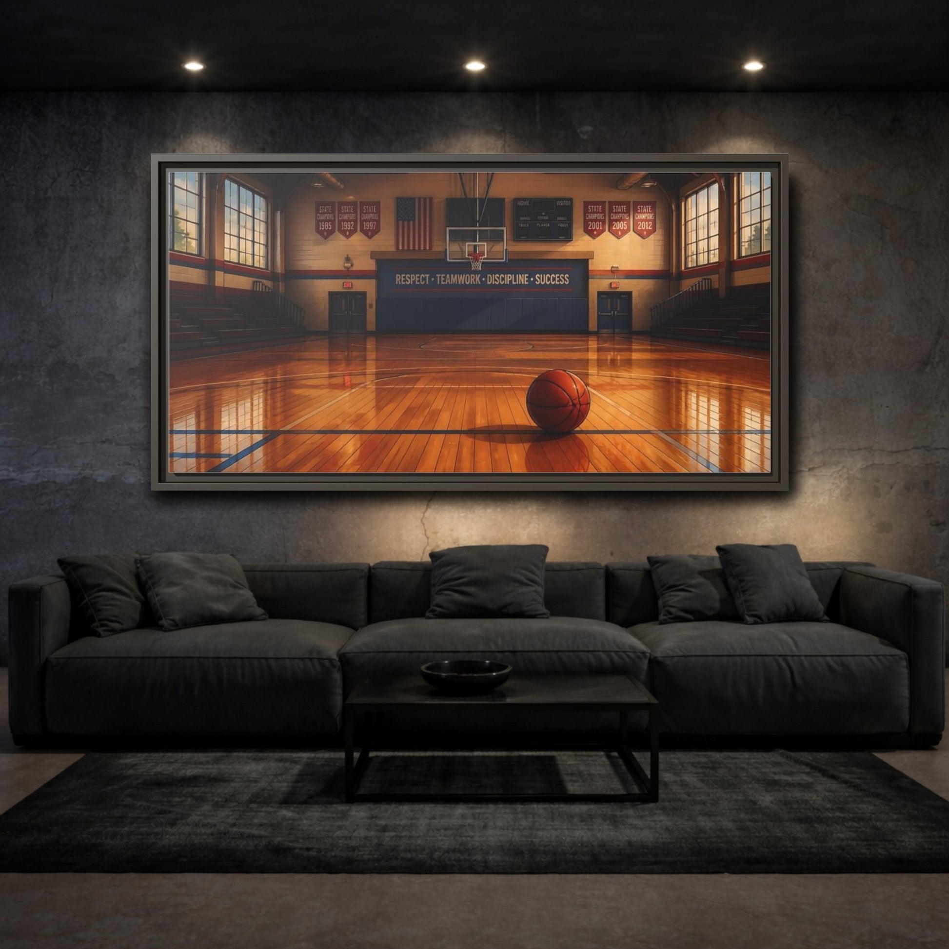 Mockup 3. Solitary Basketball In Gym shown as framed canvas print
