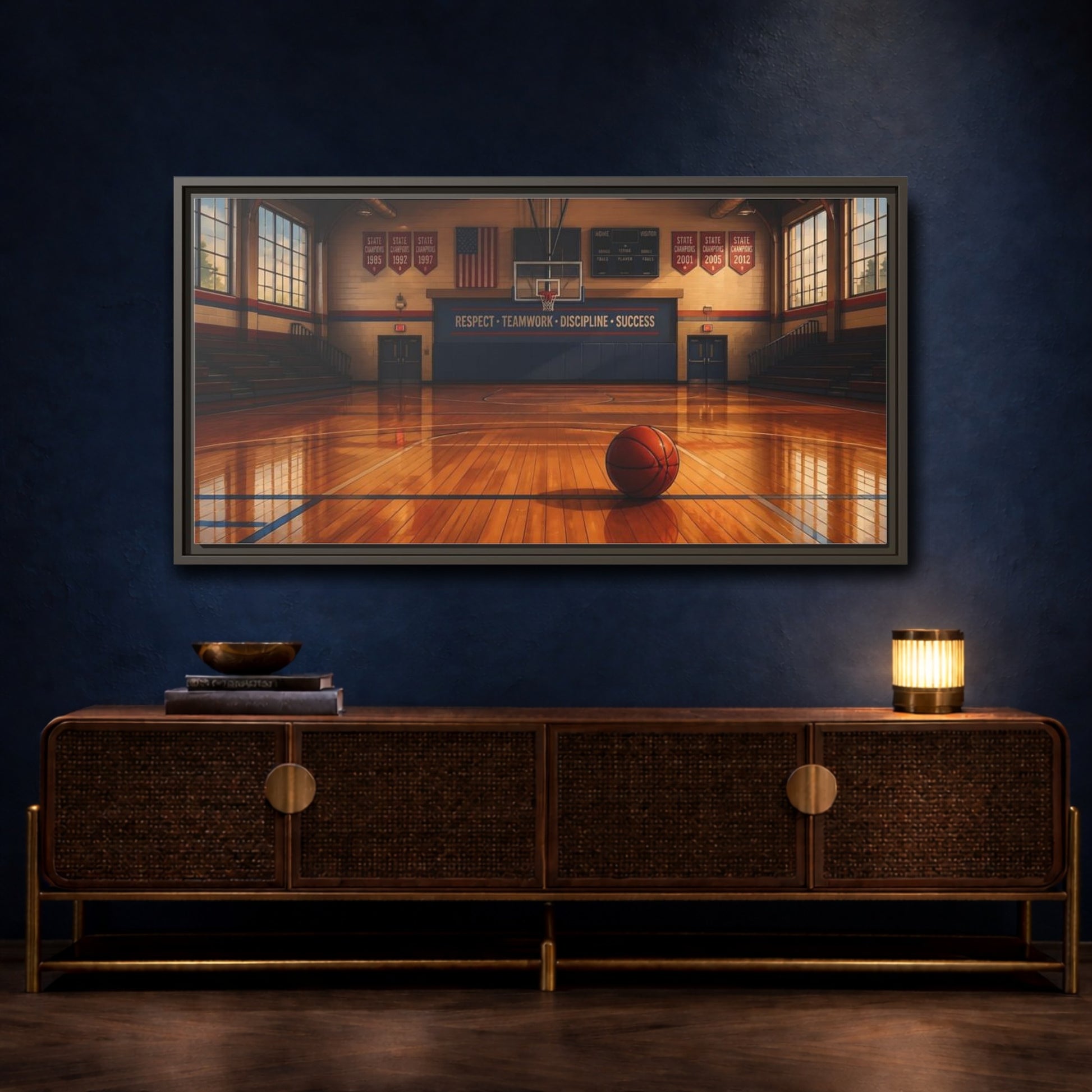 Mockup 4. Solitary Basketball In Gym shown as framed canvas print