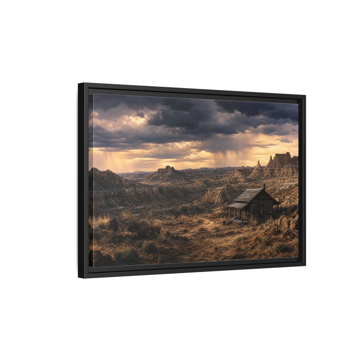 Side Mockup 3. Solitary Cabin In Badlands shown as framed canvas print