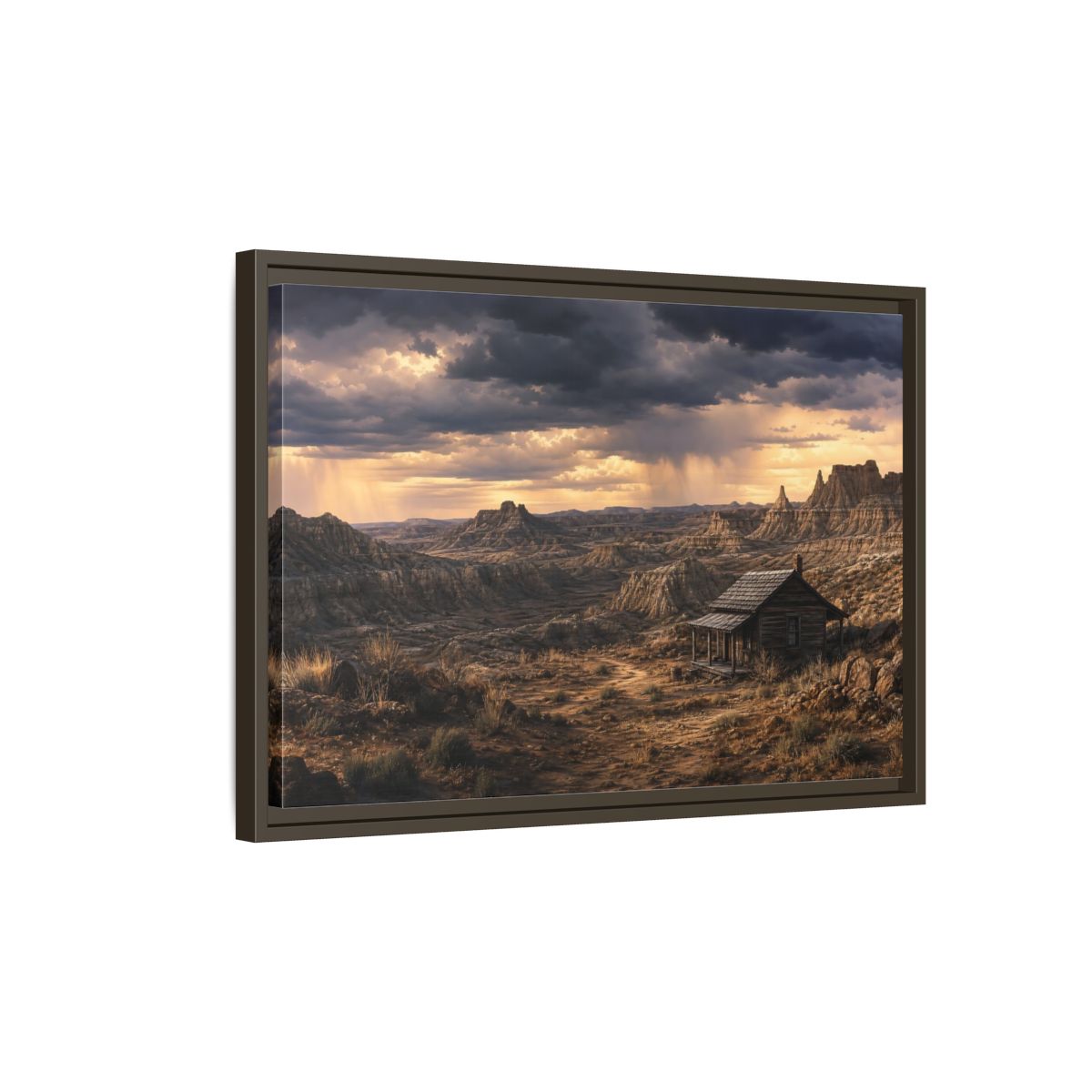 Side Mockup 2. Solitary Cabin In Badlands shown as framed canvas print