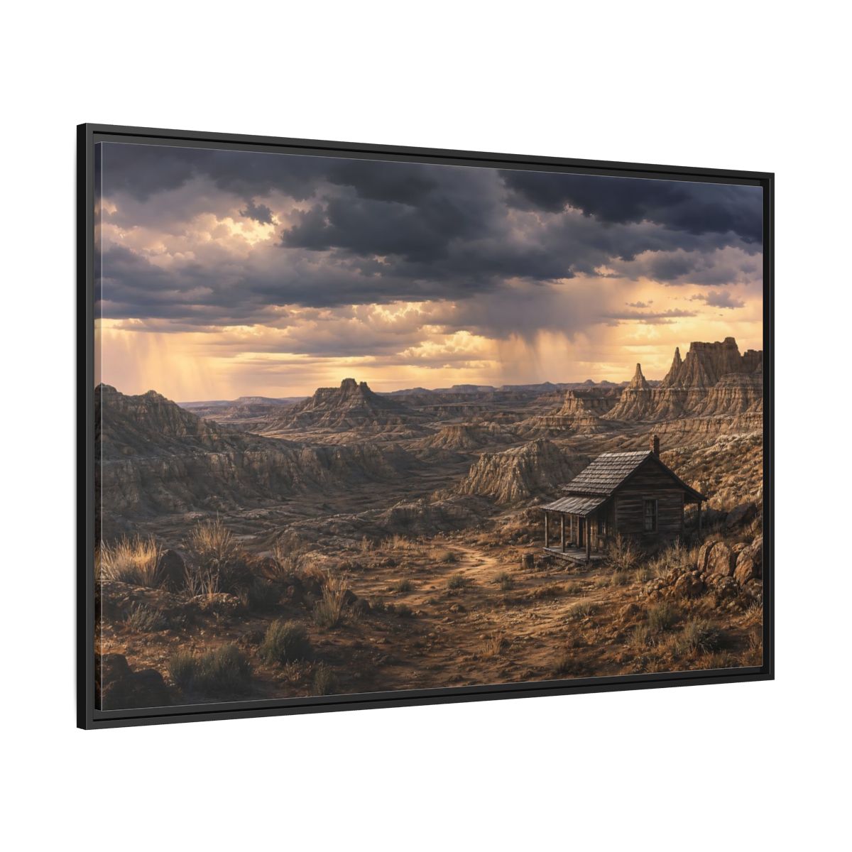 Side Mockup 12. Solitary Cabin In Badlands shown as framed canvas print