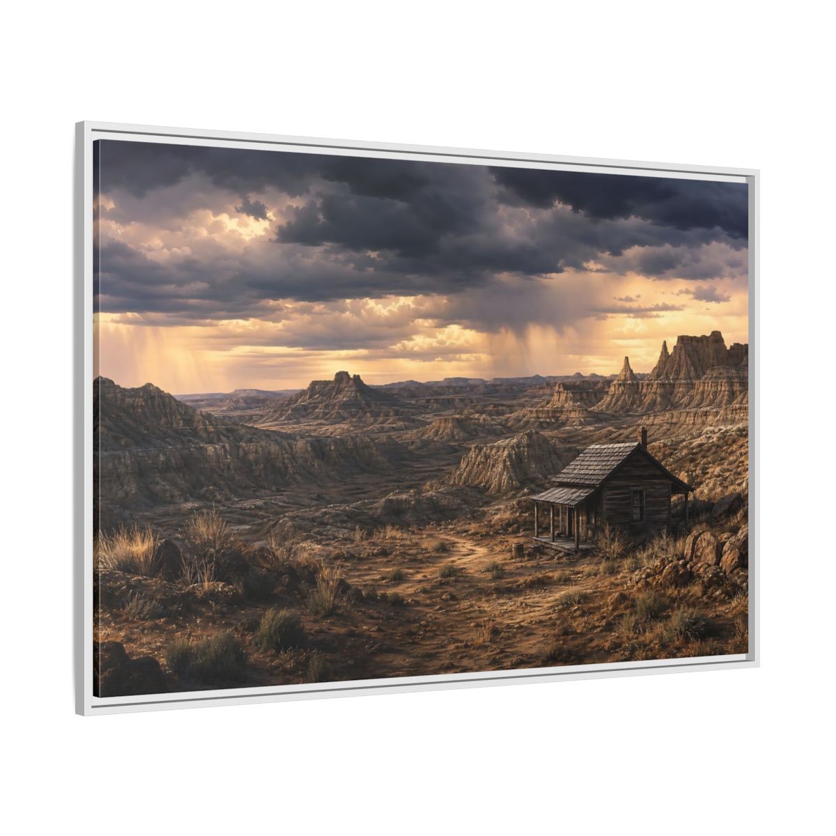Side Mockup 7. Solitary Cabin In Badlands shown as framed canvas print