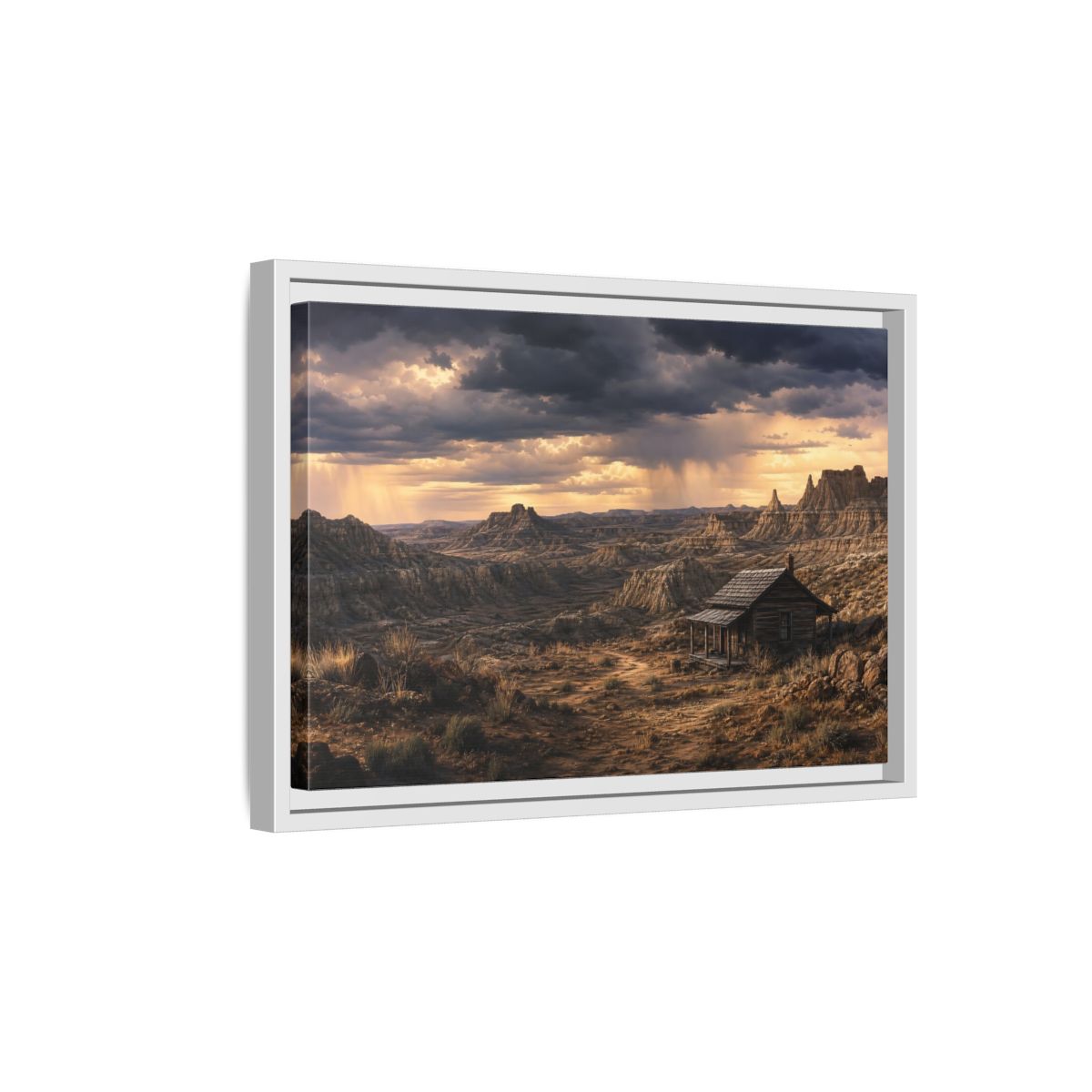 Side Mockup 4. Solitary Cabin In Badlands shown as framed canvas print