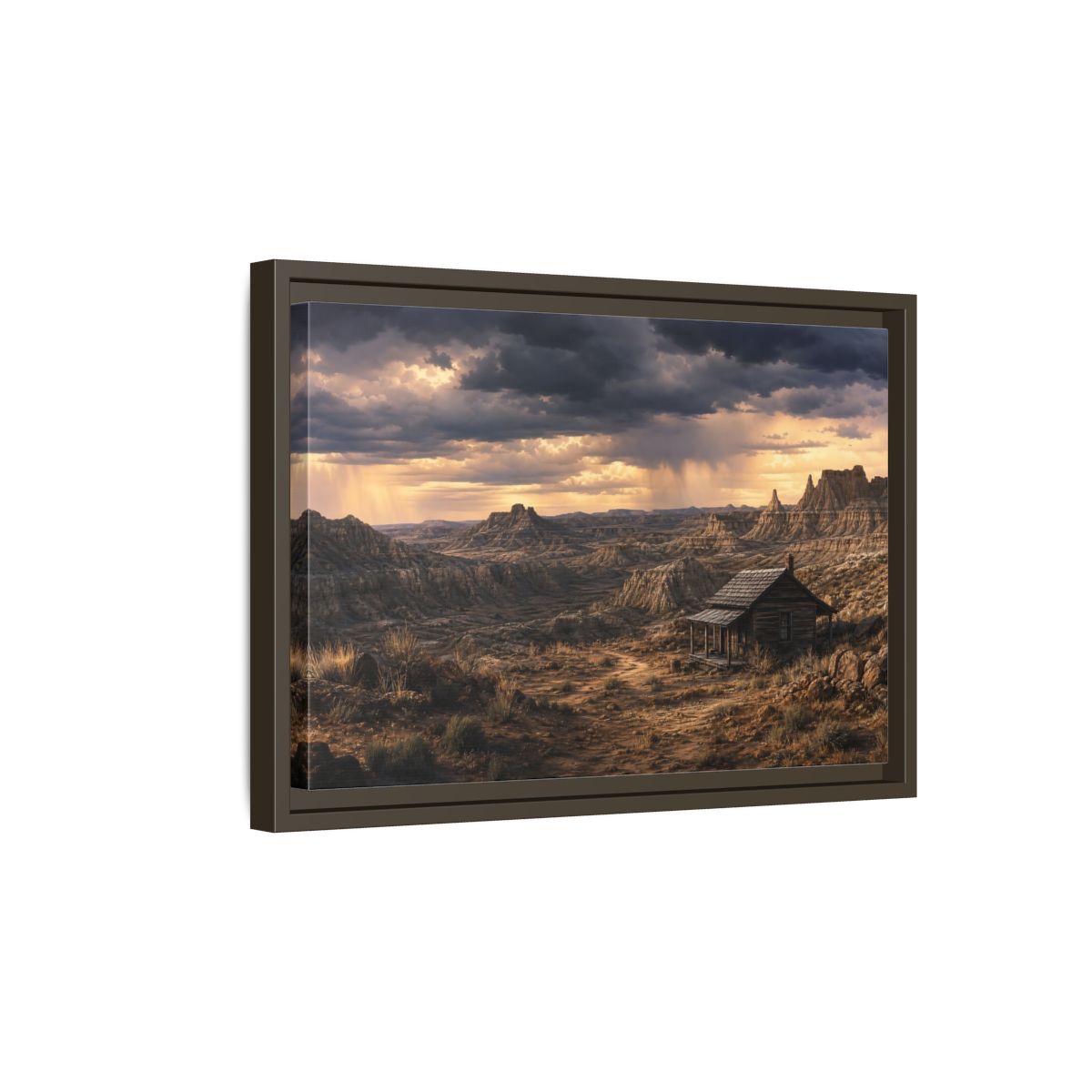 Side Mockup 5. Solitary Cabin In Badlands shown as framed canvas print