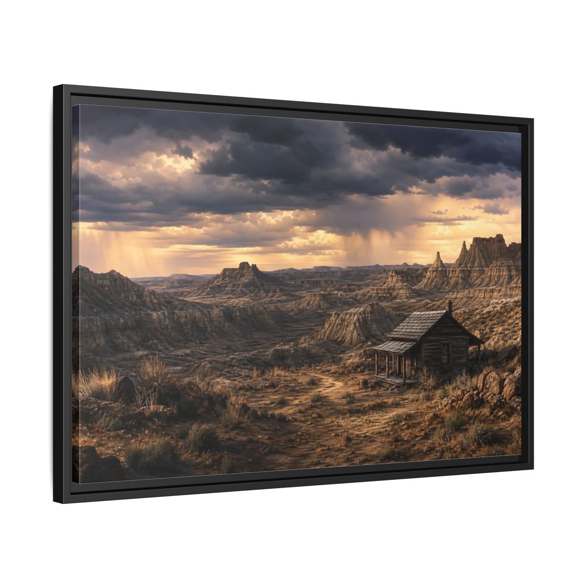 Side Mockup 14. Solitary Cabin In Badlands shown as framed canvas print