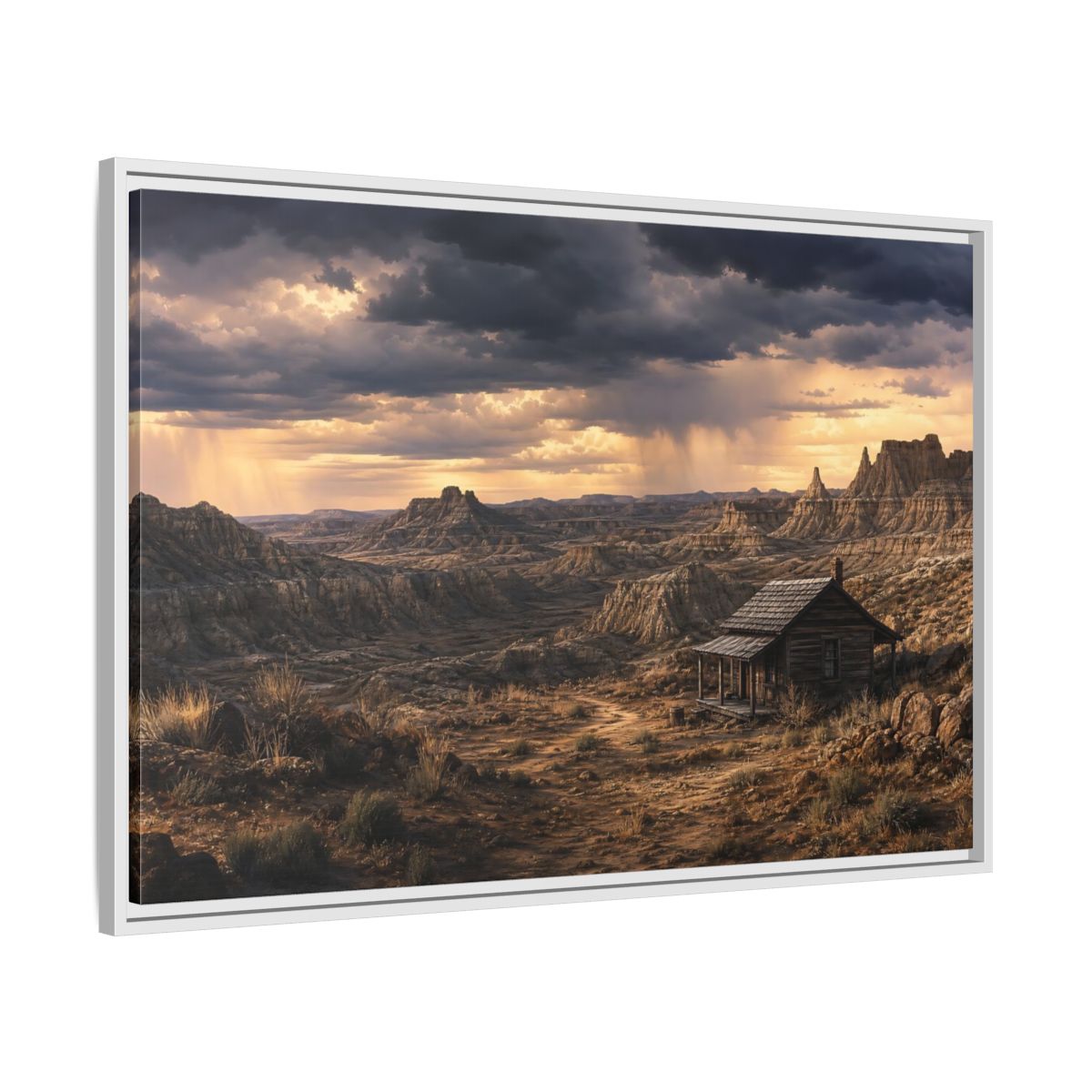 Side Mockup 9. Solitary Cabin In Badlands shown as framed canvas print