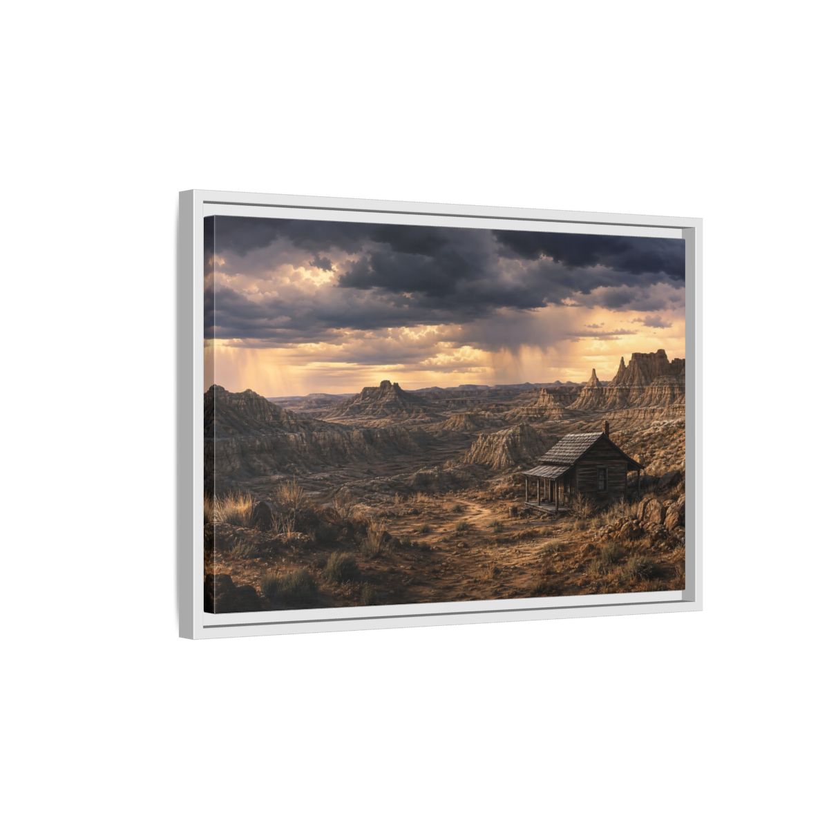 Side Mockup 1. Solitary Cabin In Badlands shown as framed canvas print