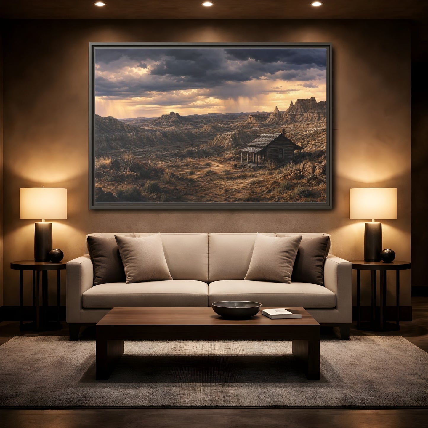 Mockup 2. Solitary Cabin In Badlands shown as framed canvas print