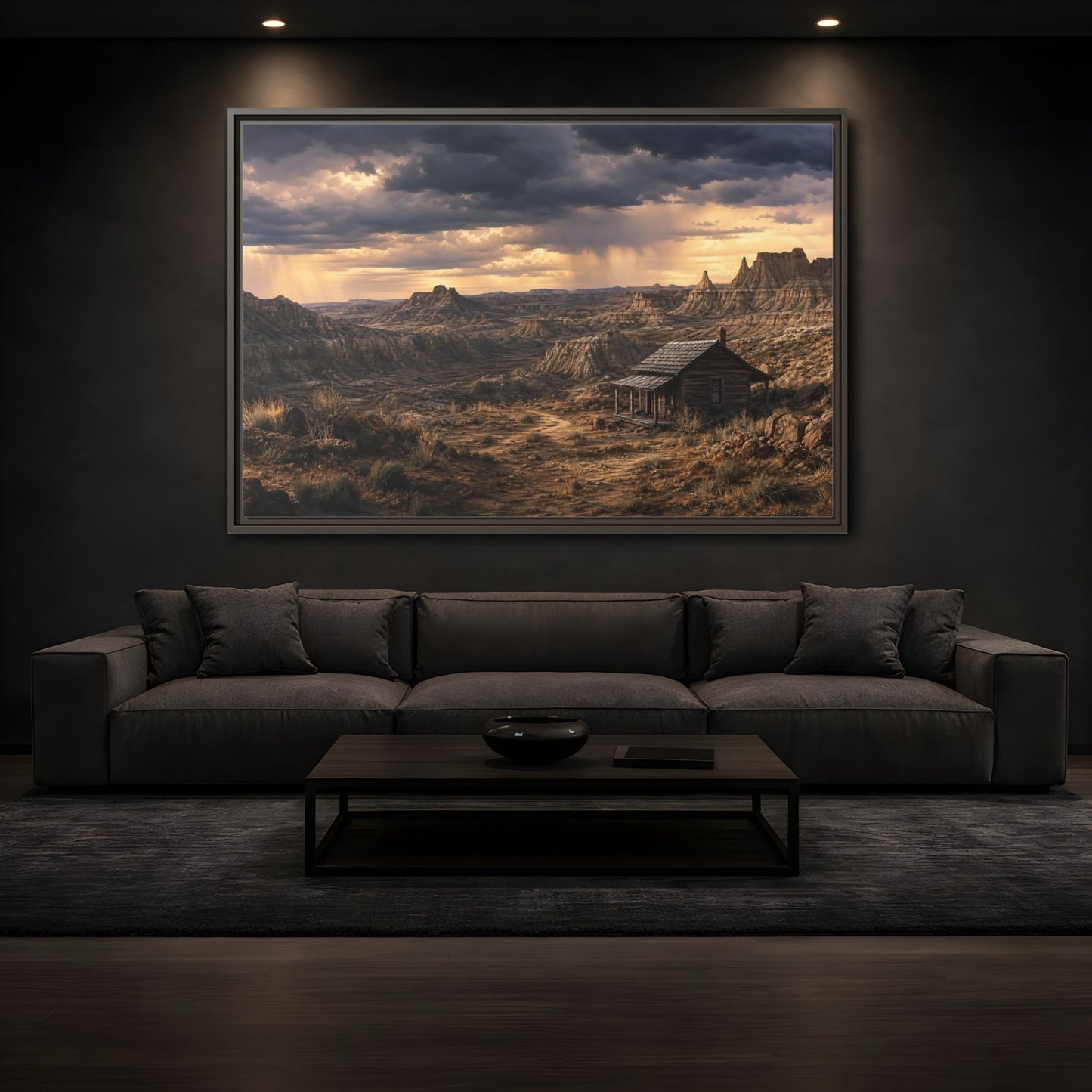 Mockup 3. Solitary Cabin In Badlands shown as framed canvas print