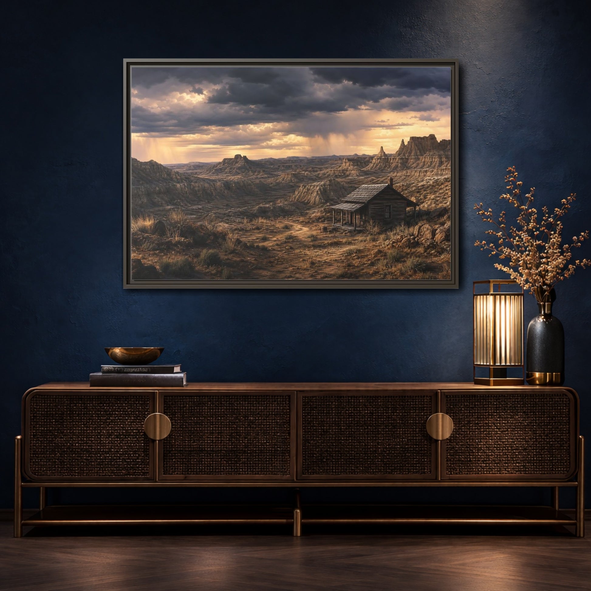 Mockup 4. Solitary Cabin In Badlands shown as framed canvas print