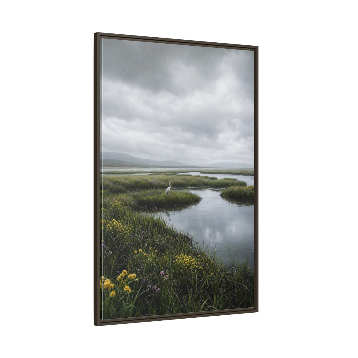 Side Mockup 8. Solitary Egret In Rain shown as framed canvas print