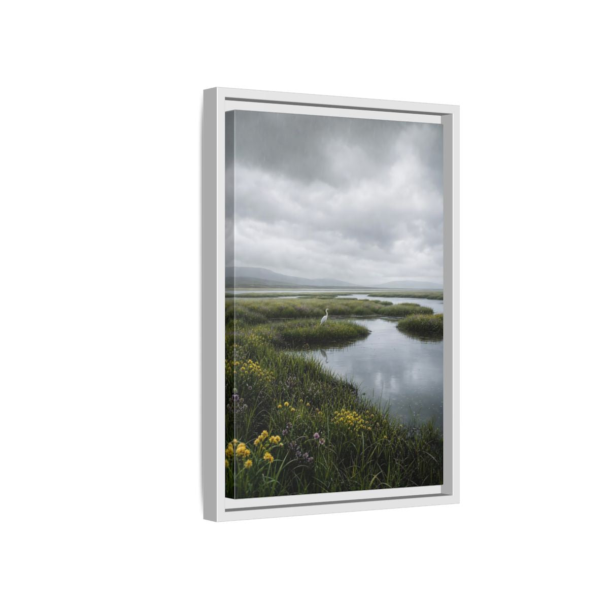 Side Mockup 4. Solitary Egret In Rain shown as framed canvas print