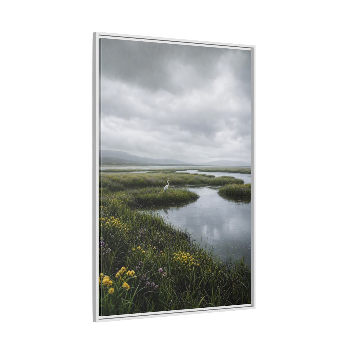 Side Mockup 7. Solitary Egret In Rain shown as framed canvas print