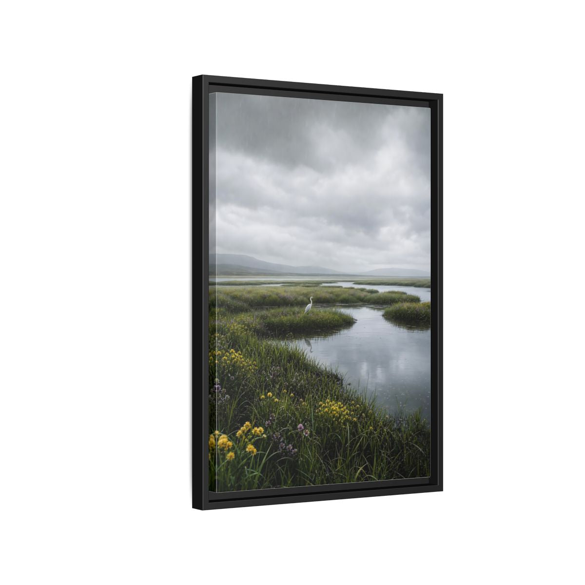 Side Mockup 3. Solitary Egret In Rain shown as framed canvas print