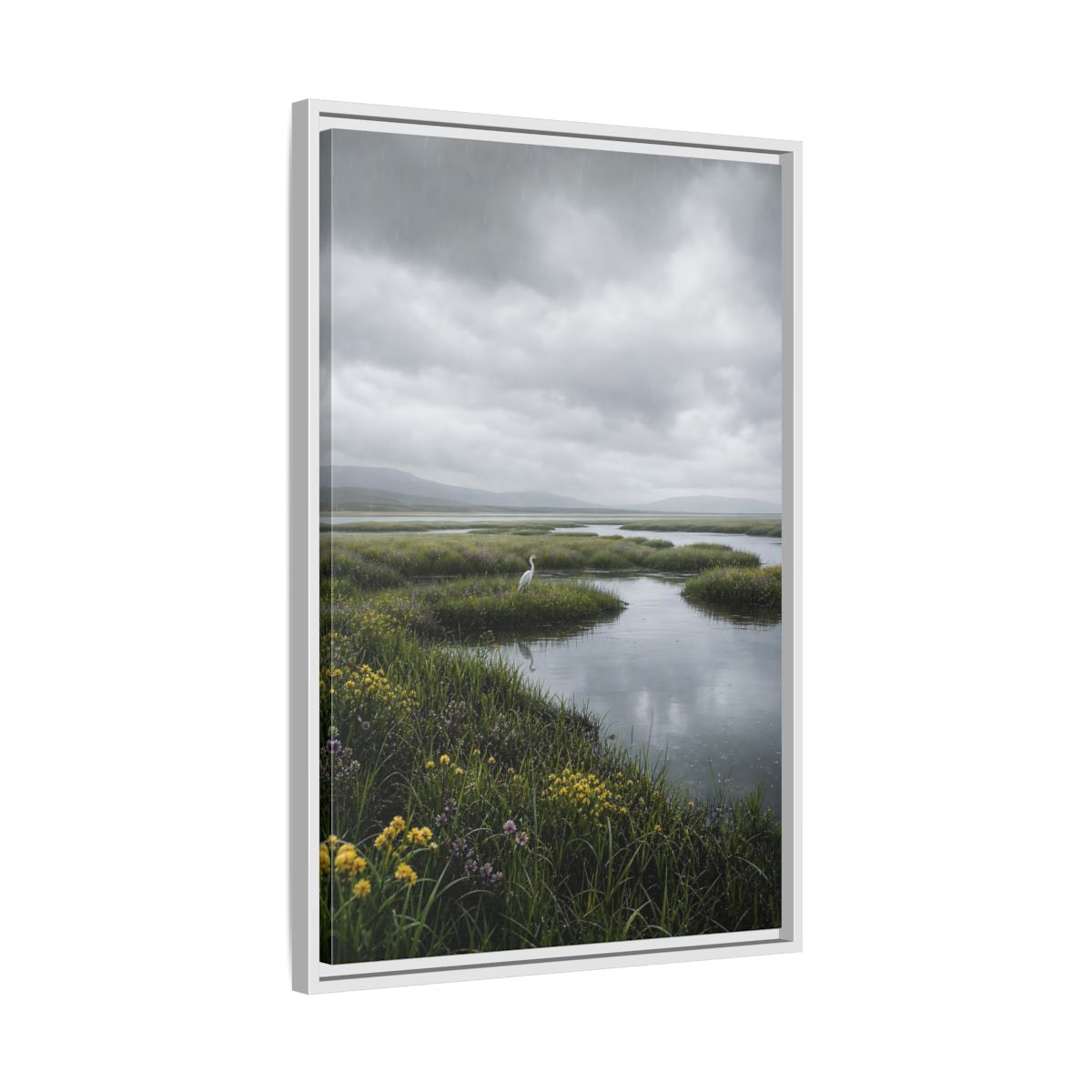 Side Mockup 10. Solitary Egret In Rain shown as framed canvas print