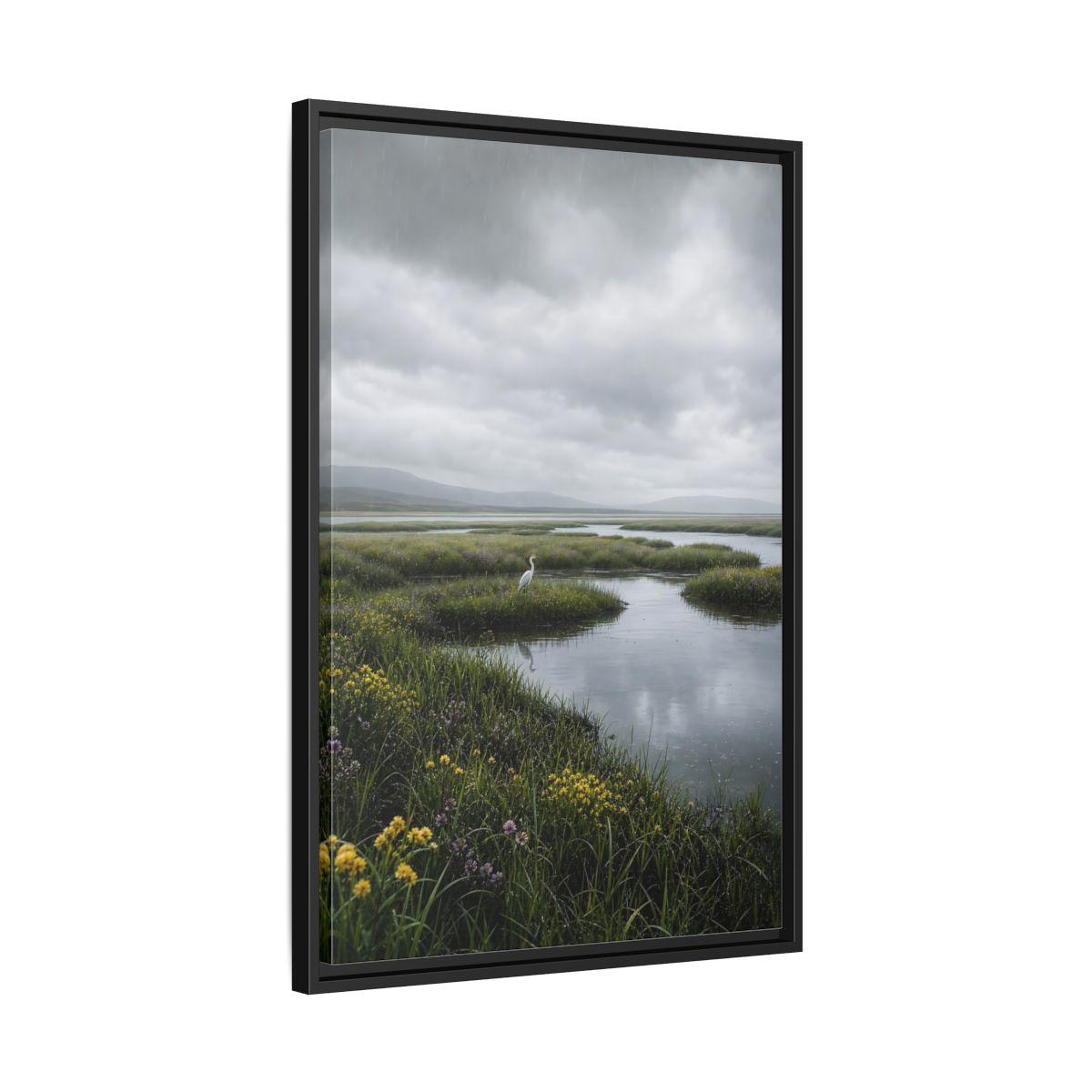 Side Mockup 14. Solitary Egret In Rain shown as framed canvas print