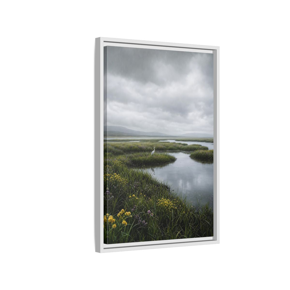 Side Mockup 1. Solitary Egret In Rain shown as framed canvas print