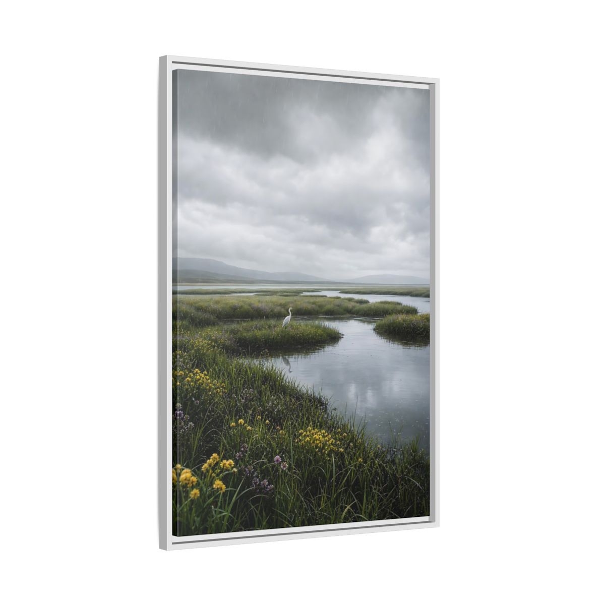 Side Mockup 9. Solitary Egret In Rain shown as framed canvas print