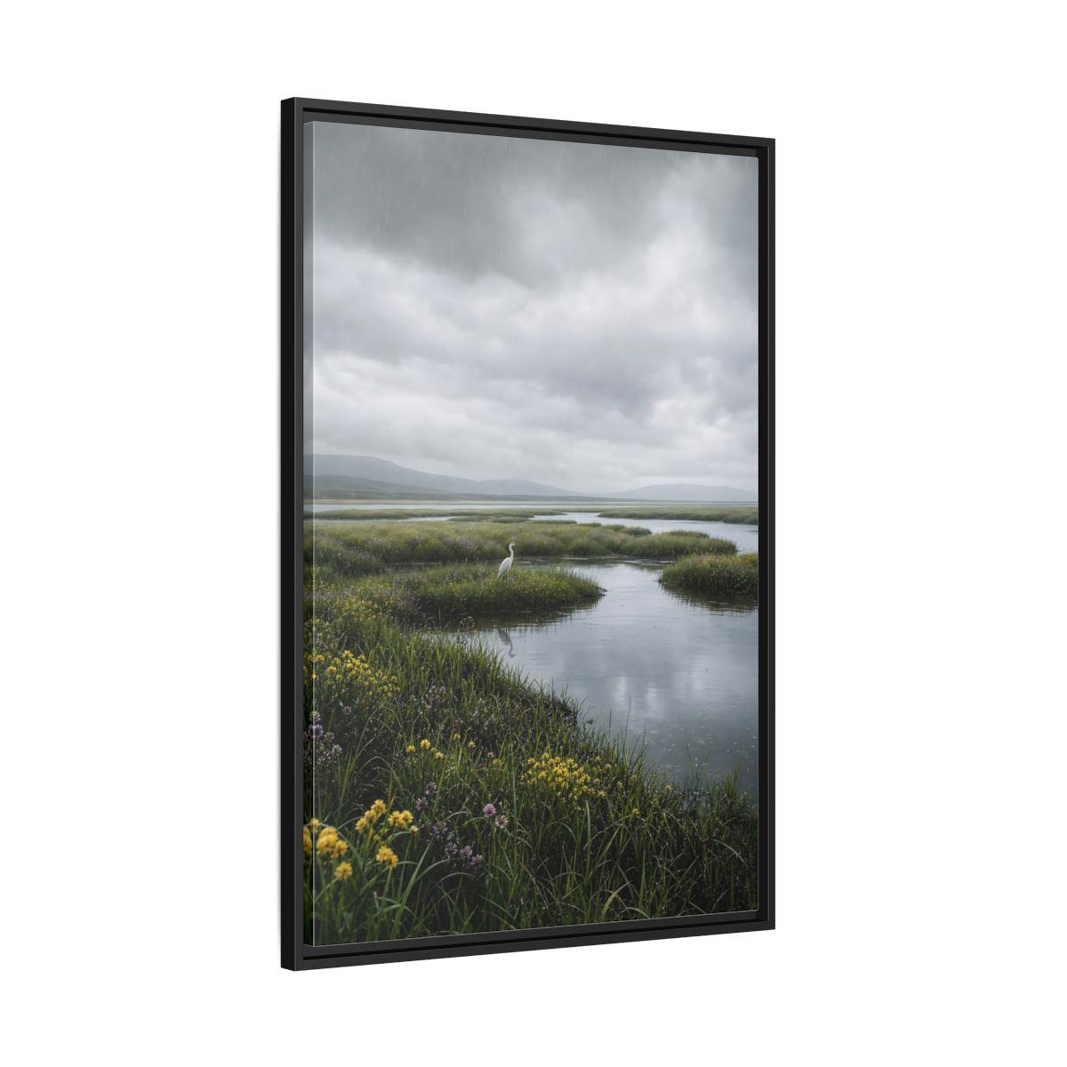 Side Mockup 13. Solitary Egret In Rain shown as framed canvas print