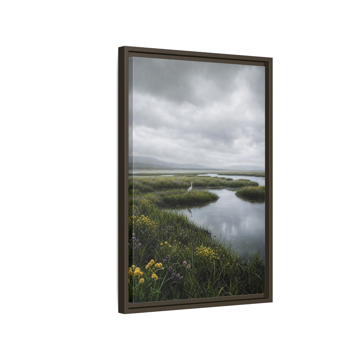 Side Mockup 2. Solitary Egret In Rain shown as framed canvas print