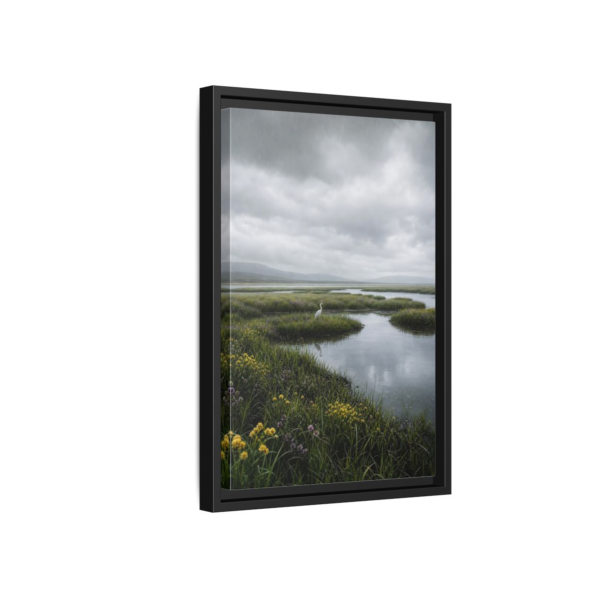 Side Mockup 6. Solitary Egret In Rain shown as framed canvas print