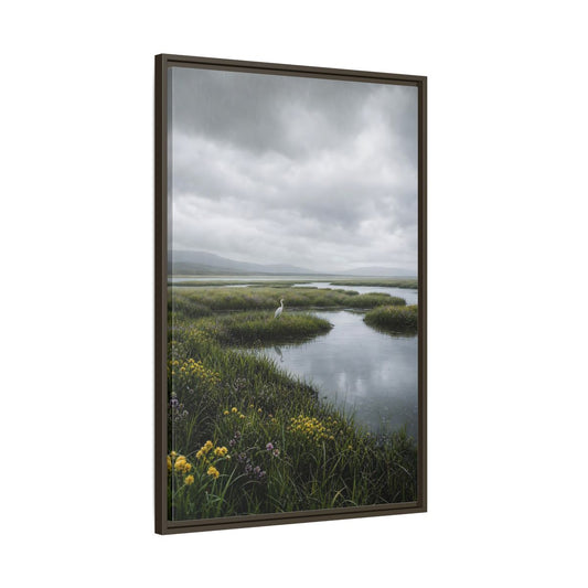 Main Mockup. Solitary Egret In Rain shown as framed canvas print