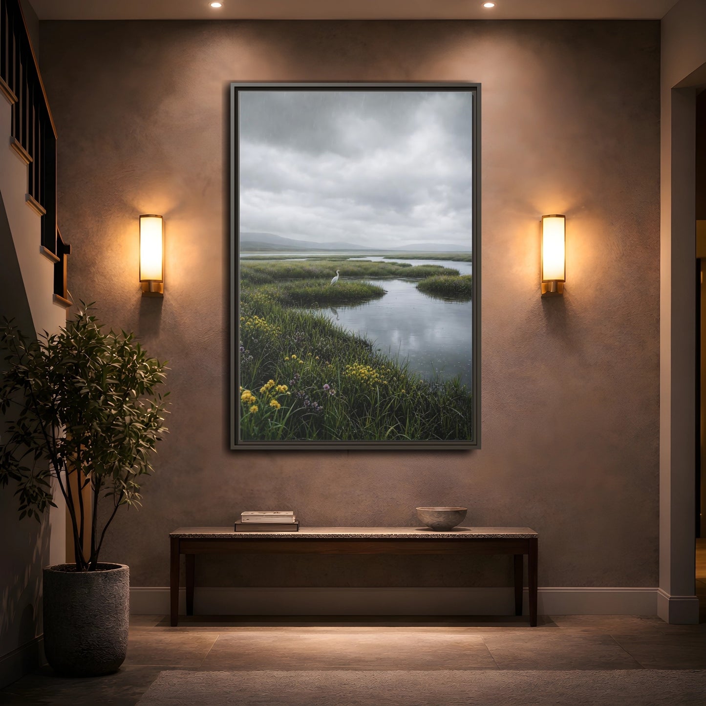 Mockup 2. Solitary Egret In Rain shown as framed canvas print
