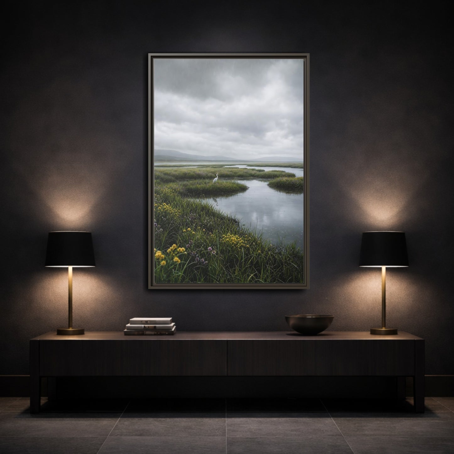 Mockup 3. Solitary Egret In Rain shown as framed canvas print