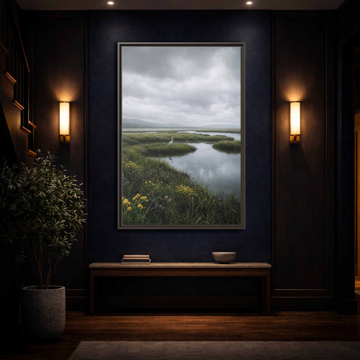 Mockup 4. Solitary Egret In Rain shown as framed canvas print