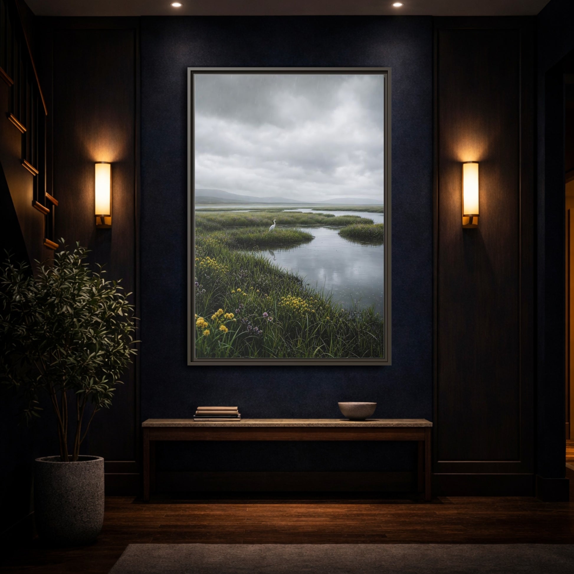 Mockup 4. Solitary Egret In Rain shown as framed canvas print