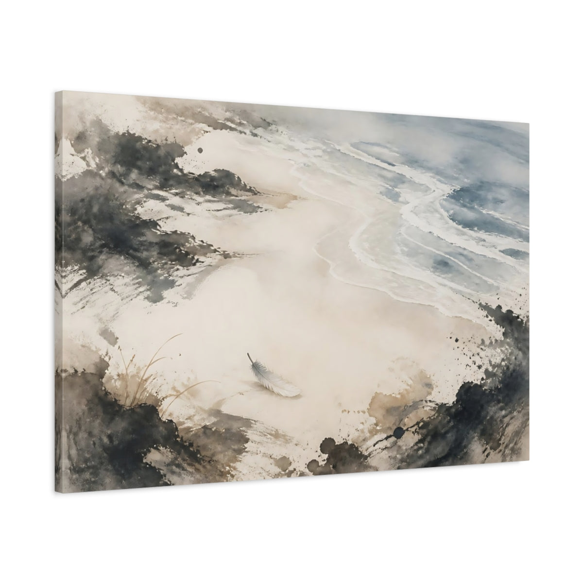 Main Mockup. Solitary Feather On Shore shown as canvas print