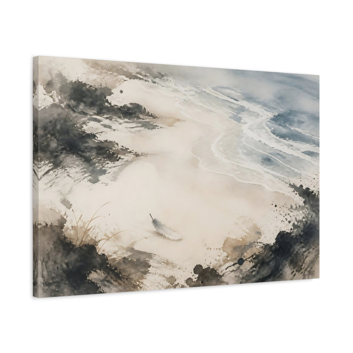 Side Mockup 2. Solitary Feather On Shore shown as canvas print