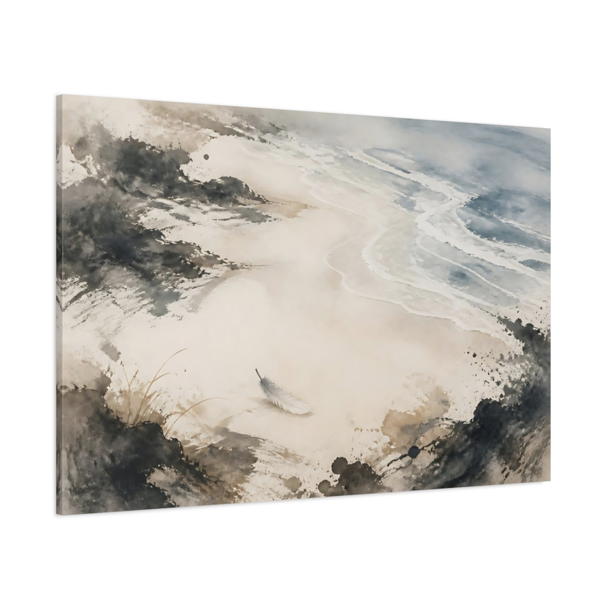 Side Mockup 1. Solitary Feather On Shore shown as canvas print