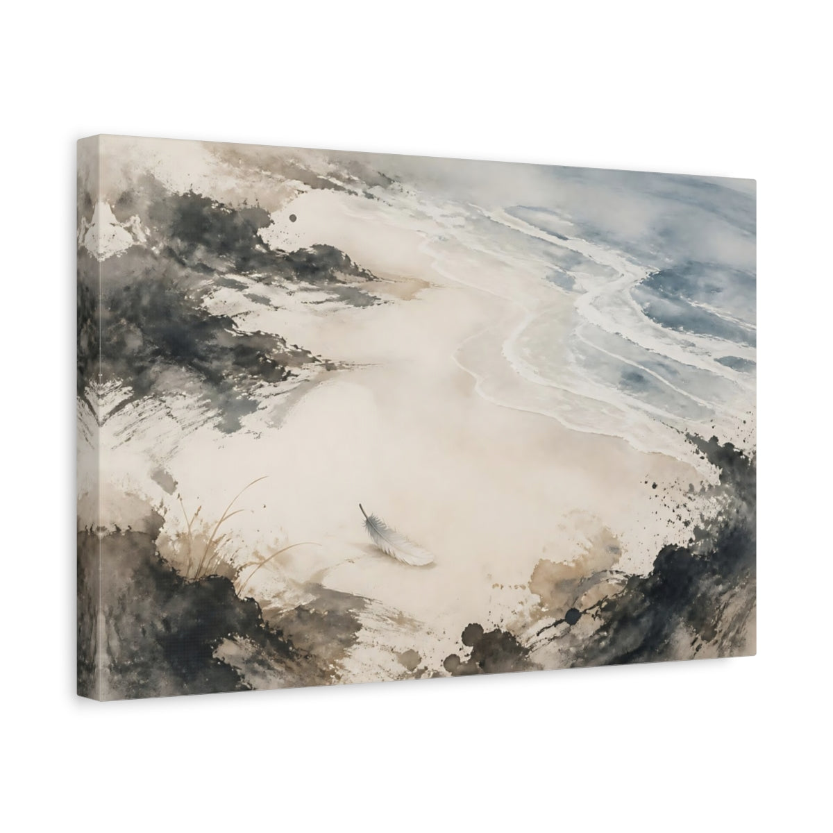 Side Mockup 4. Solitary Feather On Shore shown as canvas print