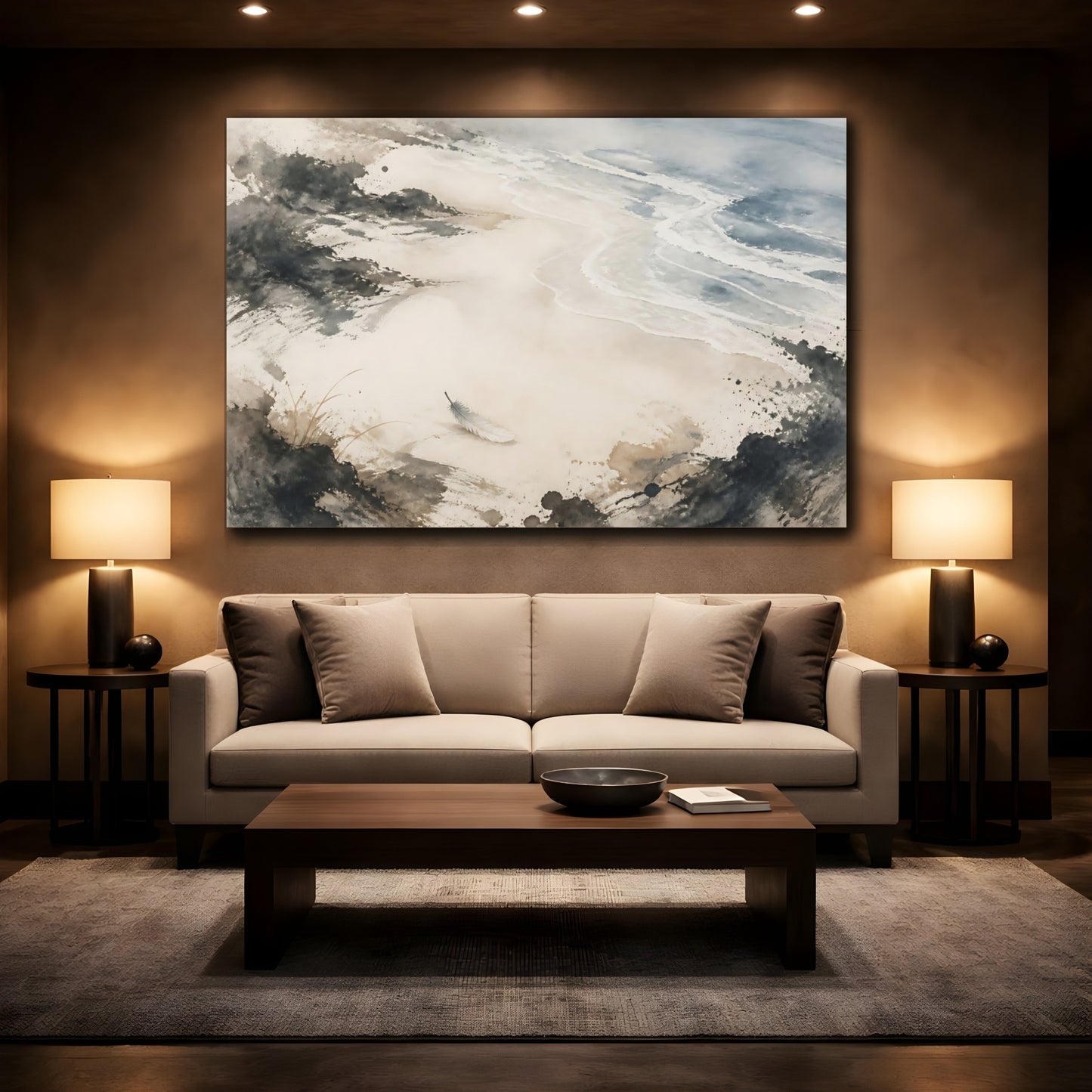 Mockup 2. Solitary Feather On Shore shown as canvas print