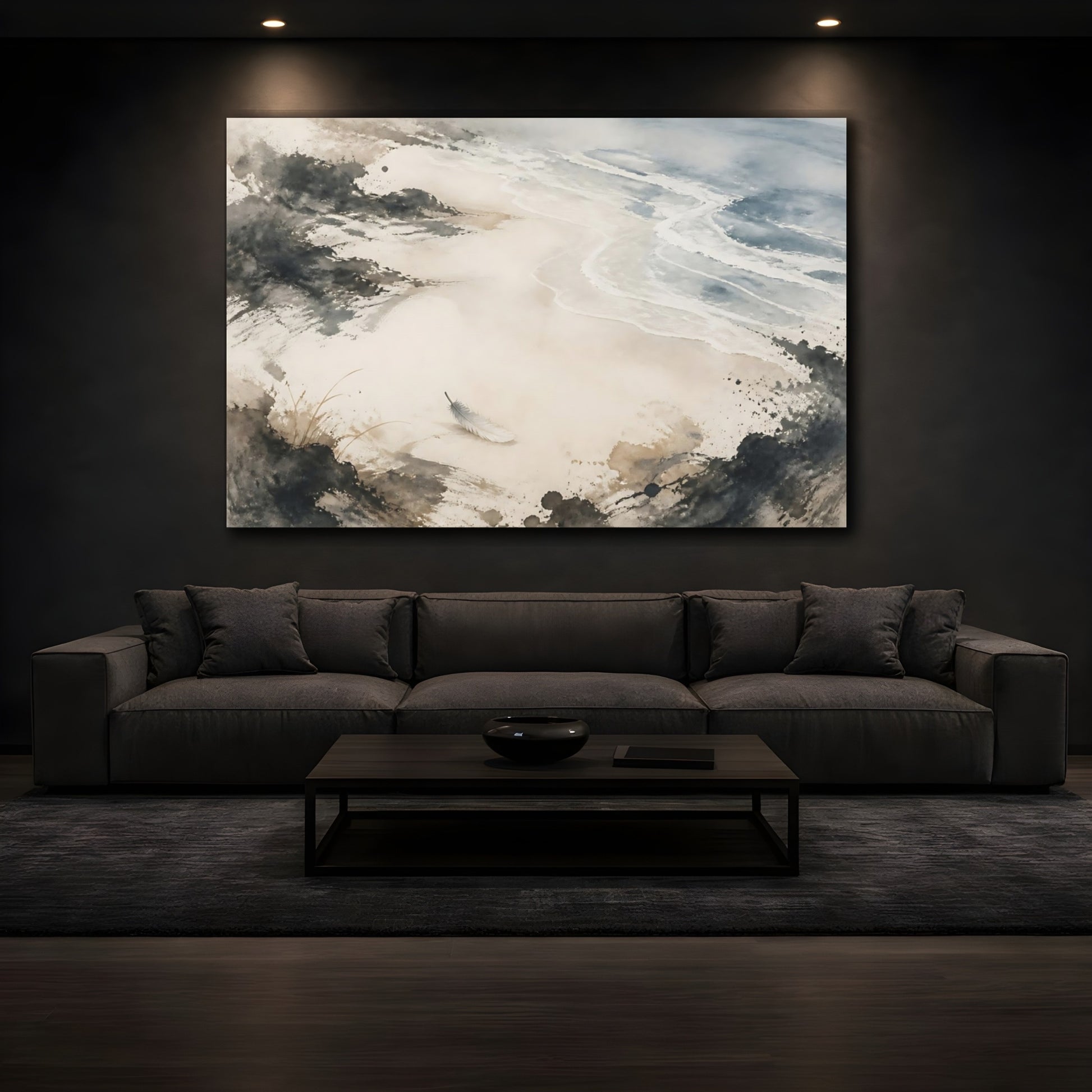 Mockup 3. Solitary Feather On Shore shown as canvas print