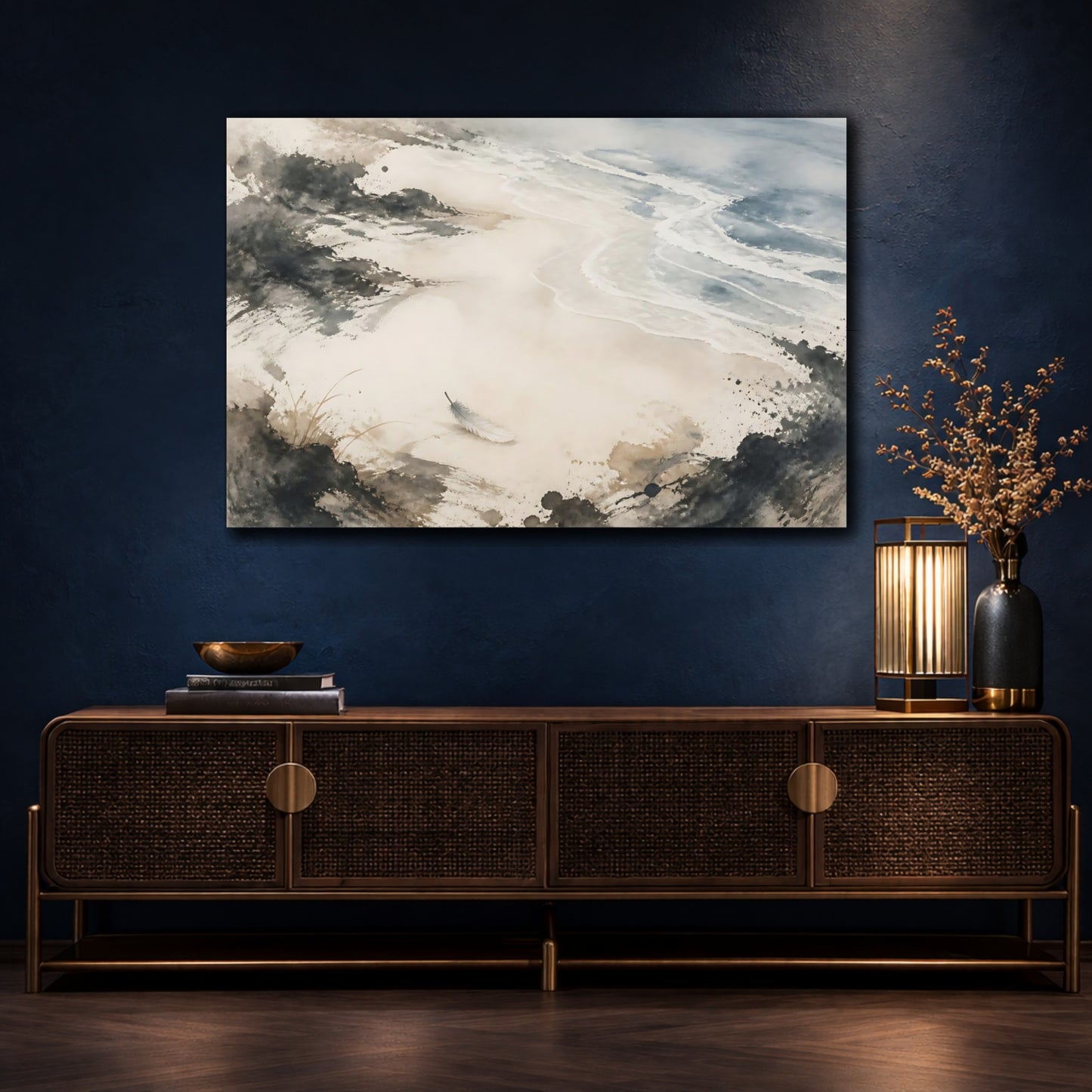 Mockup 4. Solitary Feather On Shore shown as canvas print