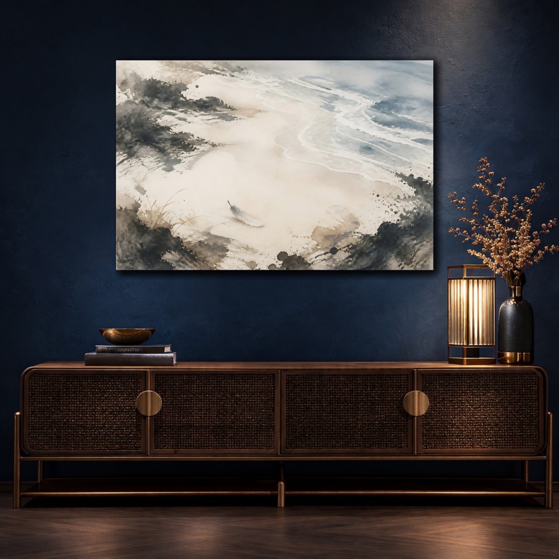 Mockup 4. Solitary Feather On Shore shown as canvas print