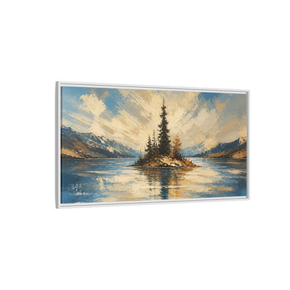 Side Mockup 3. Solitary Pine Island shown as framed canvas print