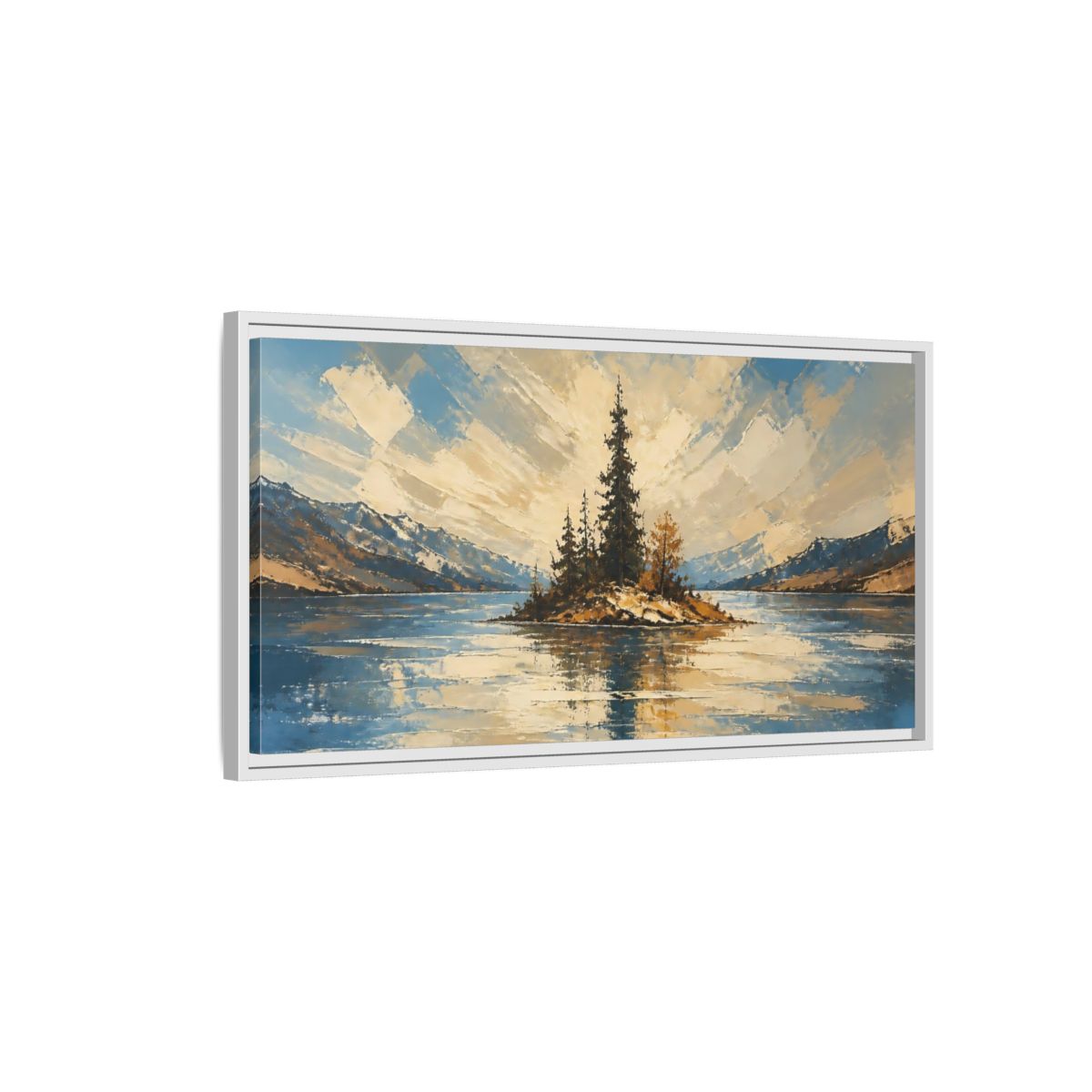 Side Mockup 1. Solitary Pine Island shown as framed canvas print