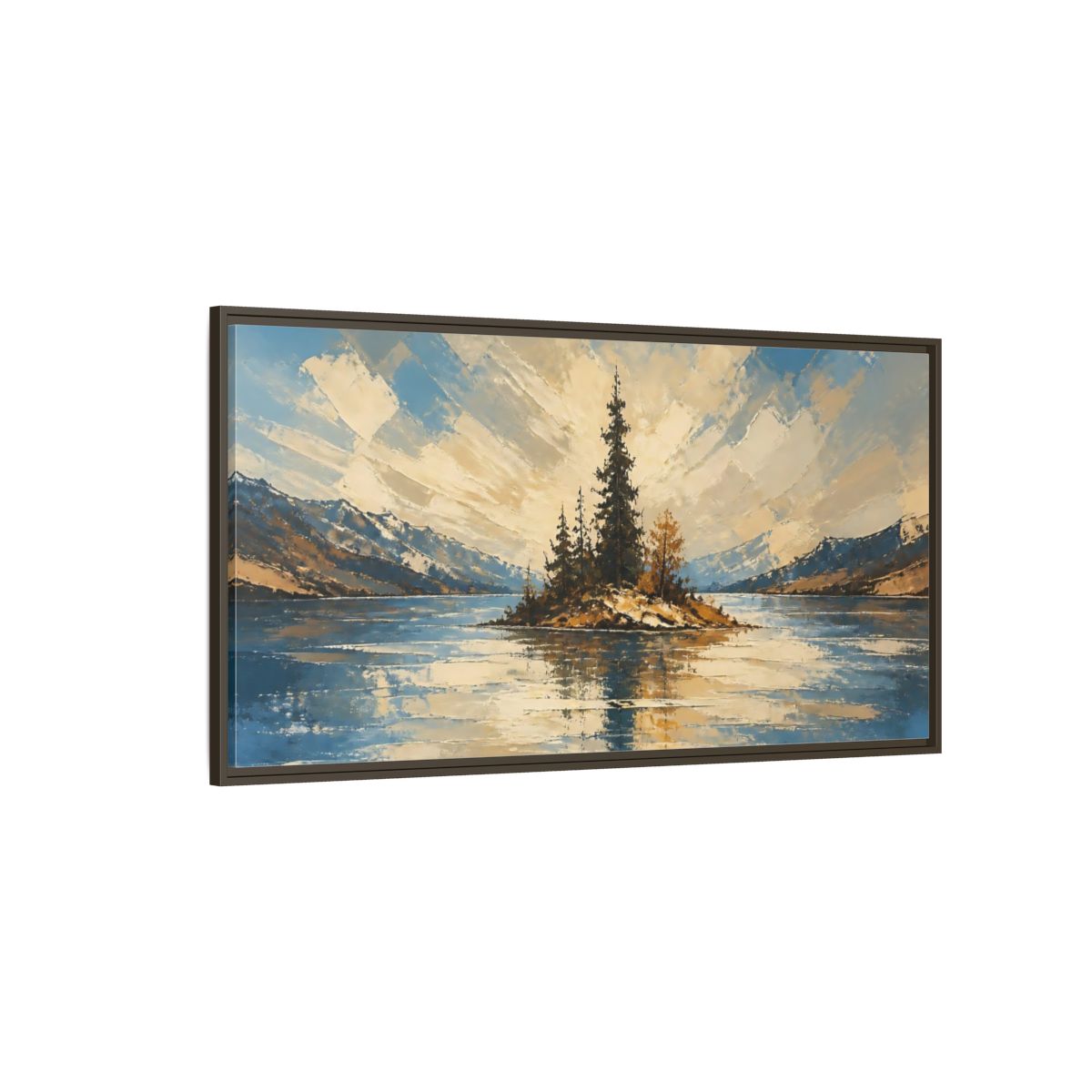 Side Mockup 4. Solitary Pine Island shown as framed canvas print