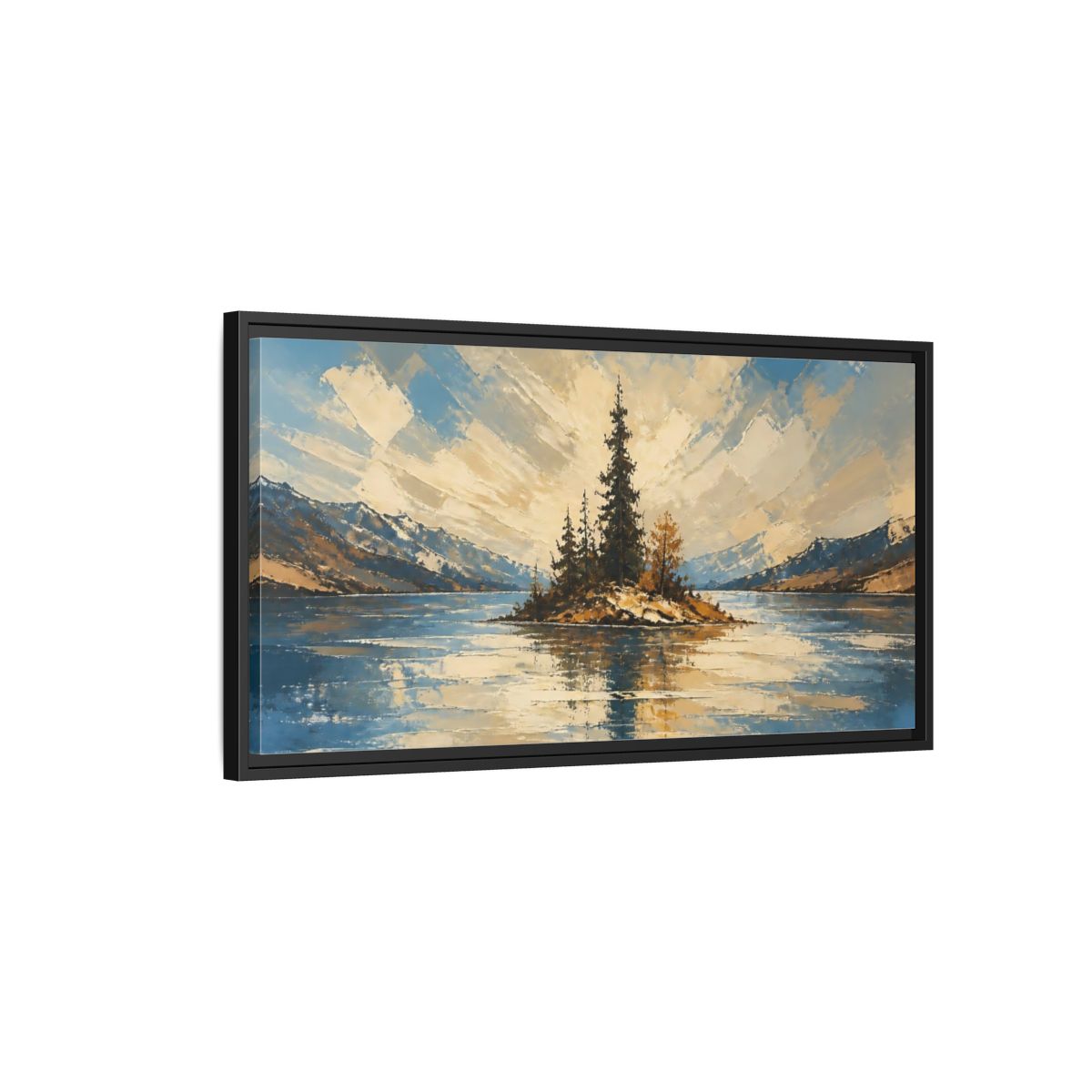 Side Mockup 2. Solitary Pine Island shown as framed canvas print