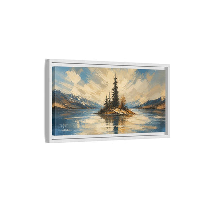 Side Mockup 6. Solitary Pine Island shown as framed canvas print