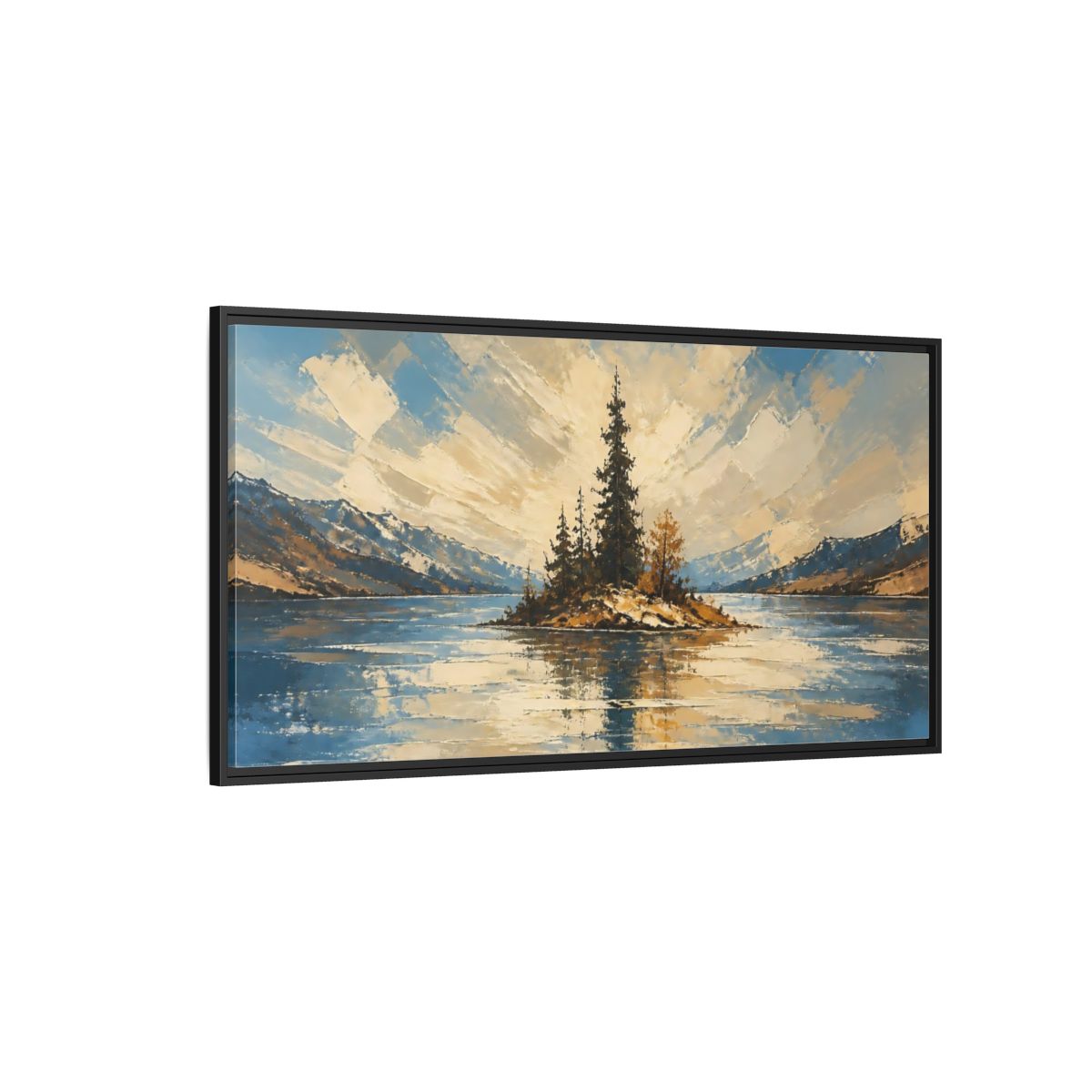 Side Mockup 5. Solitary Pine Island shown as framed canvas print