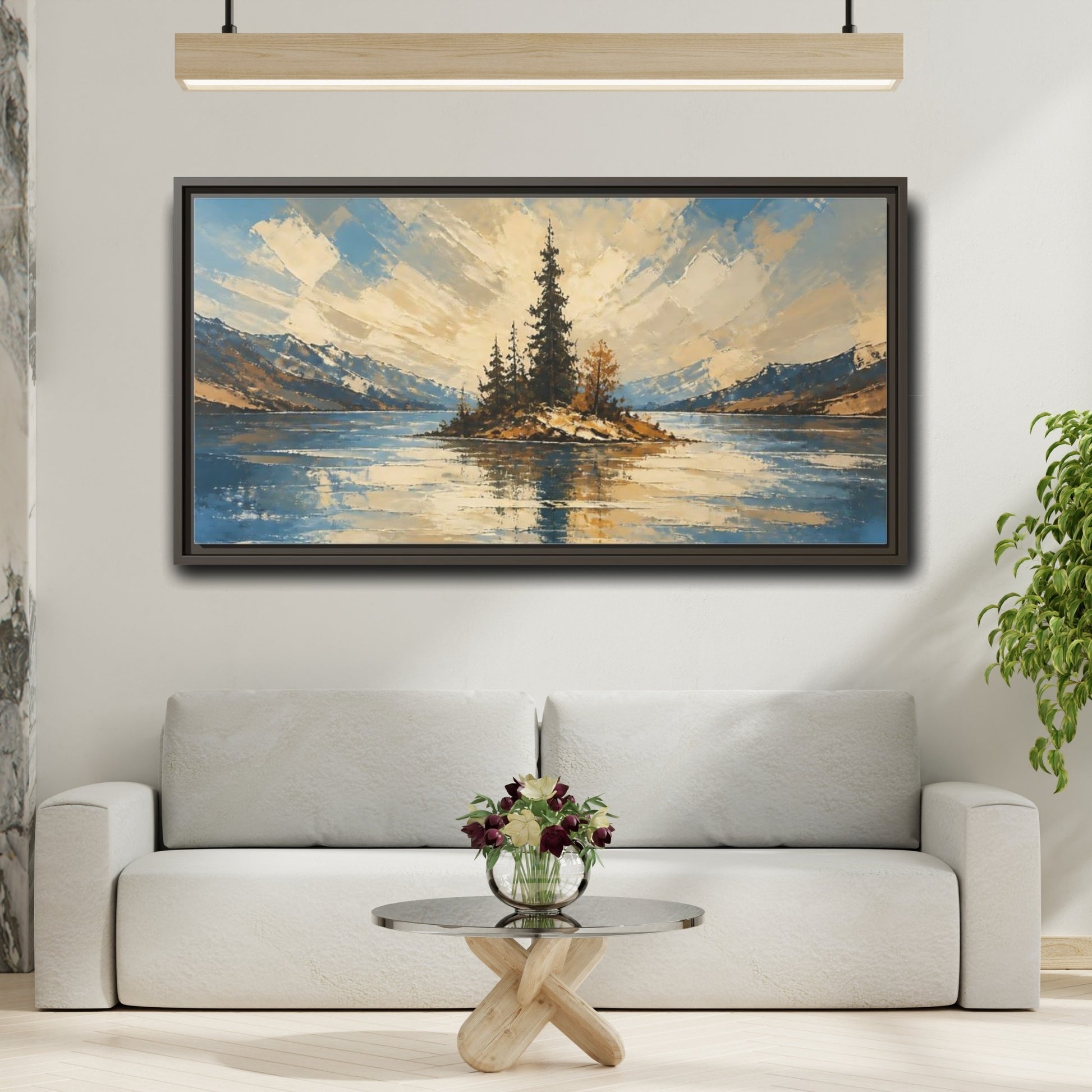 Mockup 2. Solitary Pine Island shown as framed canvas print