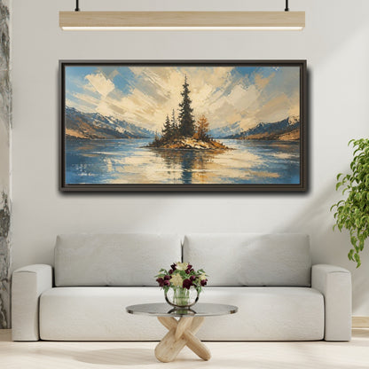 Mockup 2. Solitary Pine Island shown as framed canvas print