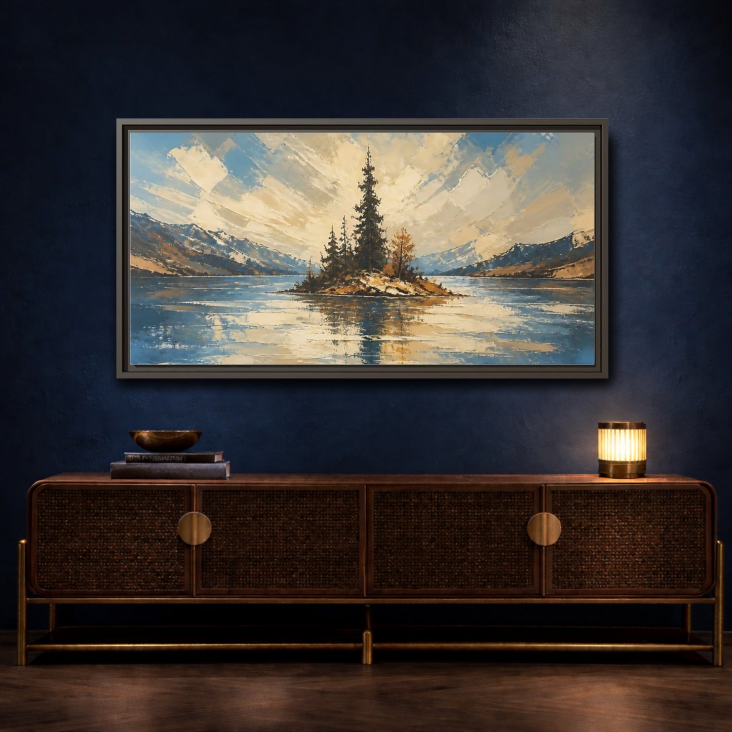 Mockup 4. Solitary Pine Island shown as framed canvas print